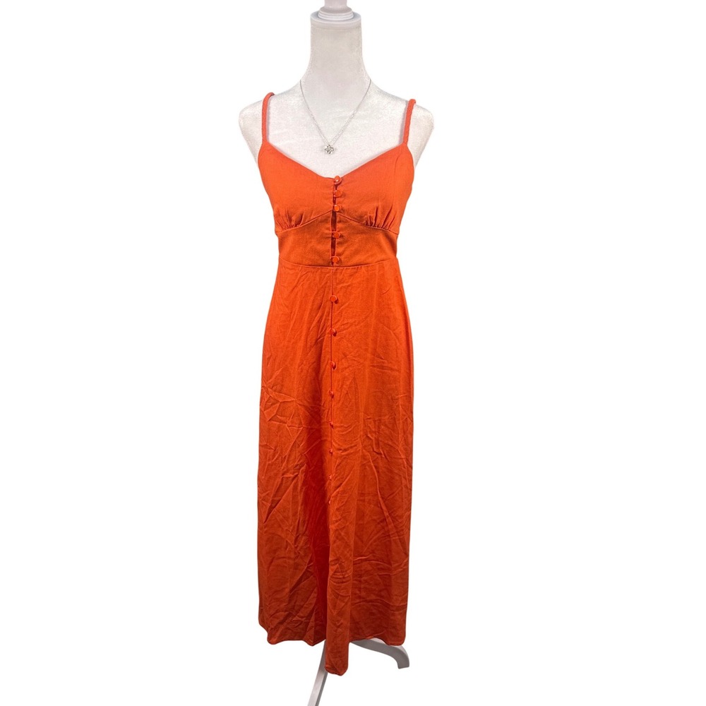 Monteau Los Angeles Orange Button Front Smocked Back Maxi Dress XS Summer Boho